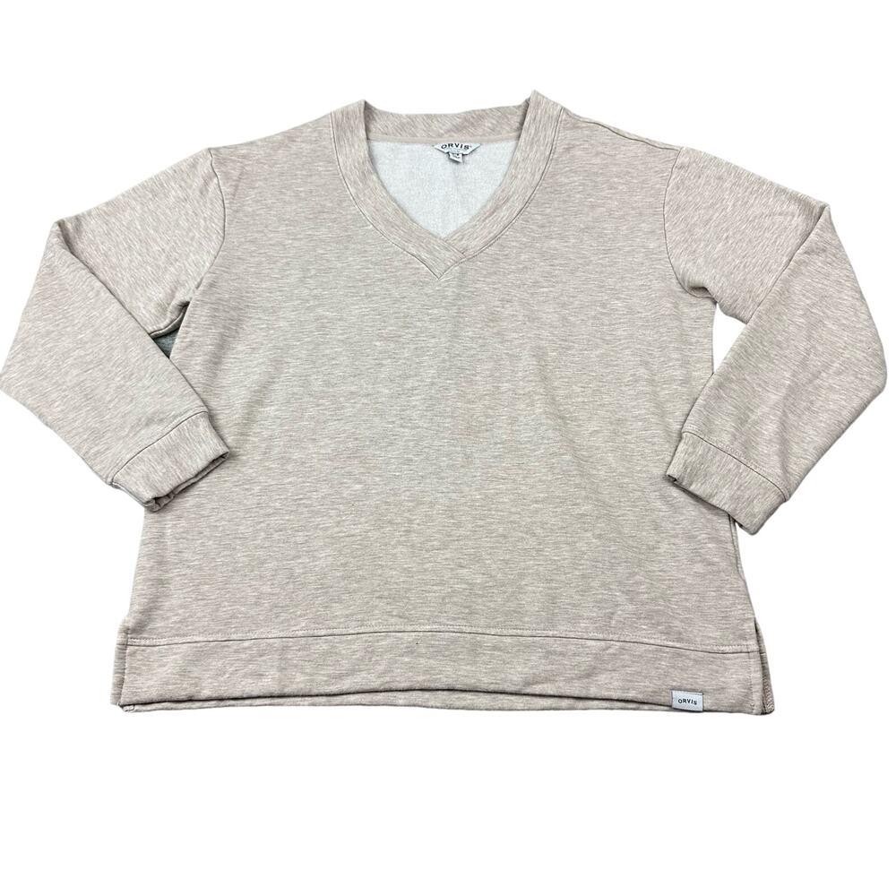Orvis V-Neck Sweatshirt Womens Medium Oatmeal Heather Excellent Modal Blend Slit